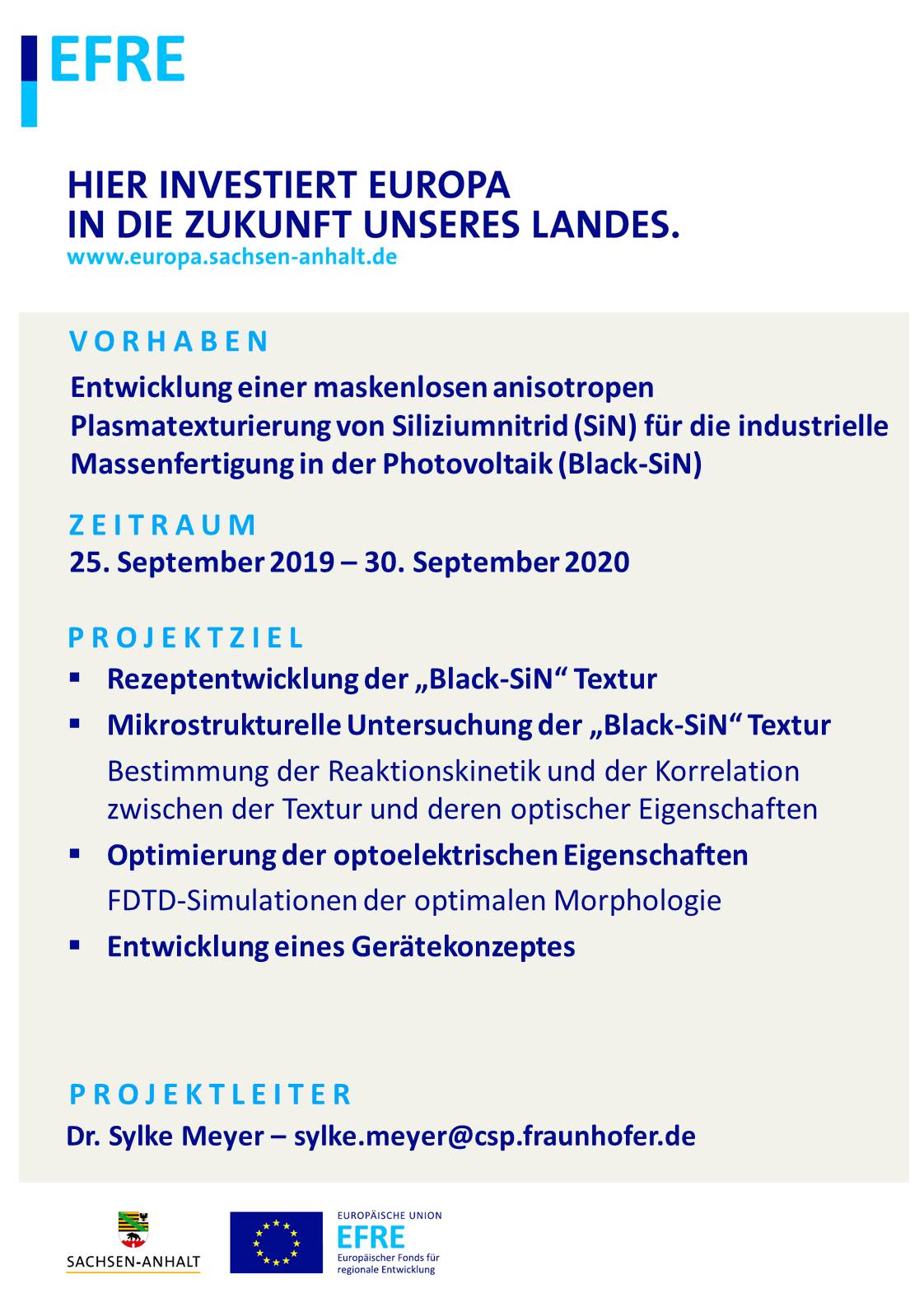 Förderplakat zur Entwicklung einer maskenlosen anisotropen Plasmatexturierung von Siliziumnitrid (SiN) für die industrielle Massenfertigung in der Photovoltaik (Black-SiN)